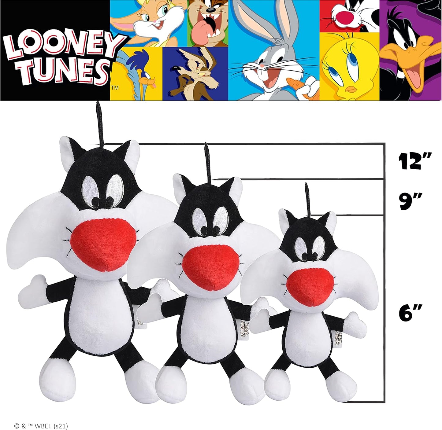 Warner Brothers Sylvester the Cat Big Head Plush Dog Toy, Stuffed Animal for Dogs, Multiple Sizes - Sylvester Dog Toy- Cute Squeak Toy for Dogs in White, Black, and Red