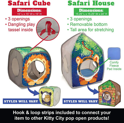 Safari Play Cubee, Cat Cube, Play Kennel, Cat Bed, Jungle Cat House, Multicolor, 15 H X15 W Inches